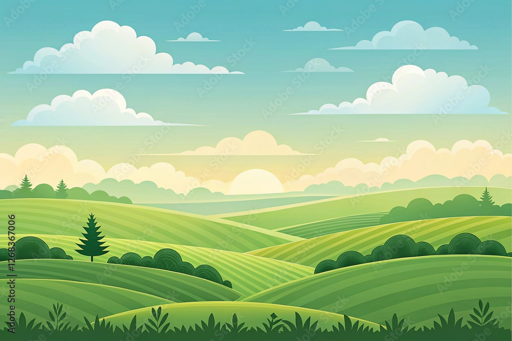 Fototapeta premium Sunrise over rolling green hills, idyllic countryside landscape, peaceful morning scene, ideal for travel brochures