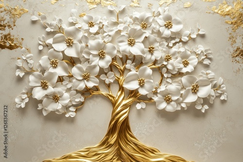 Fototapeta Naklejka Na Ścianę i Meble -  Majestic 3D golden tree of life with detailed white flowers on a smooth, artistic background for a luxurious wallpaper design.