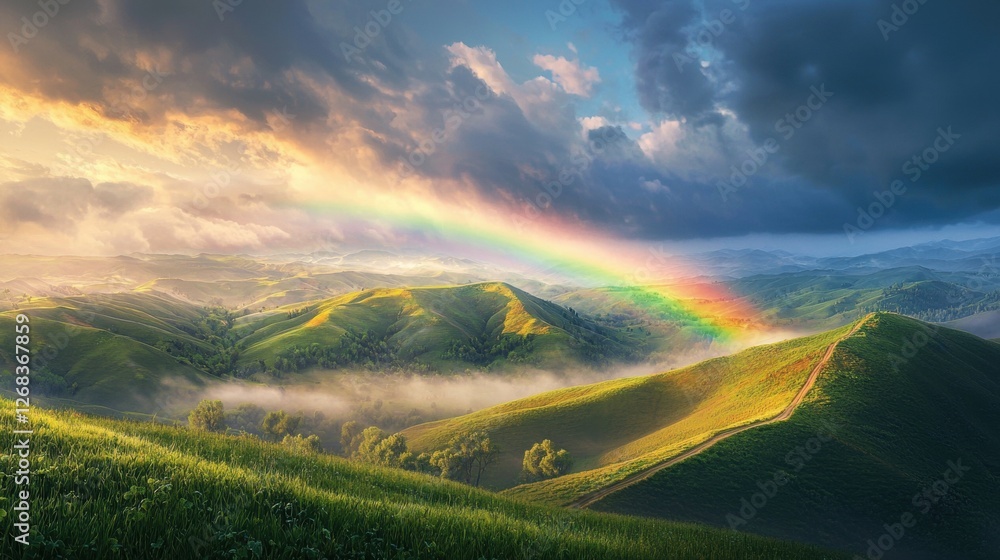 Obraz premium Serene Landscape of Rolling Green Hills Under a Vibrant Rainbow During a Peaceful Sunset with Soft Light and Mist in the Countryside