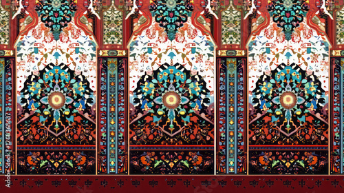 intricate islamic art textile designs featuring colorful symmetrical floral and geometric patterns with mughal and persian influence in high-resolution digital print for vintage decor