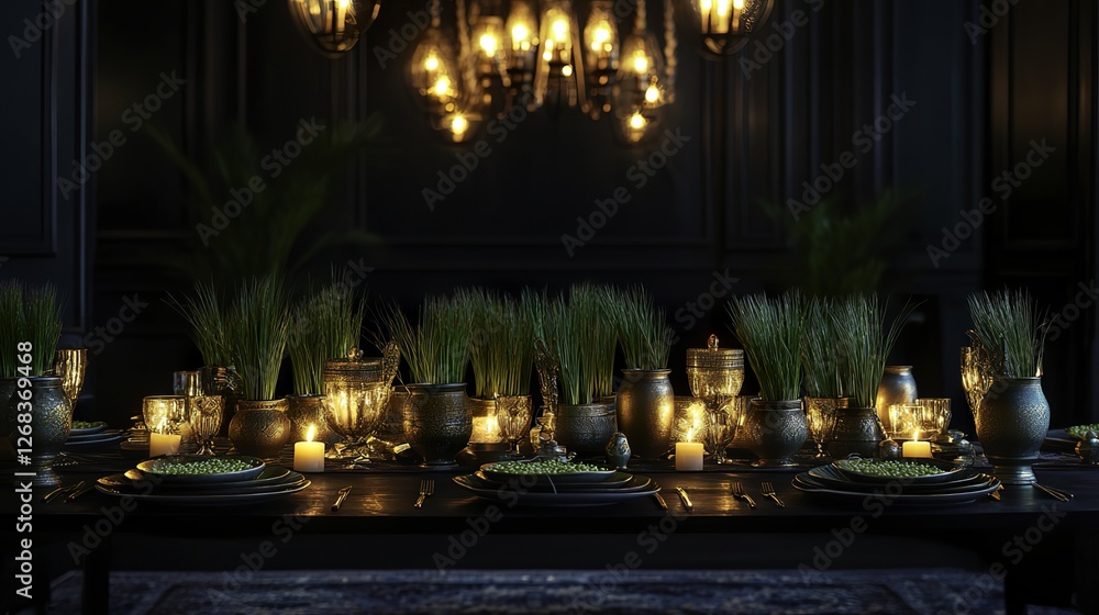 Traditional Nowruz Table with Candles and Wheat Sprouts, Symbolizing Renewal and Celebration Traditional Nowruz Table with Candles and Wheat Sprouts, Symbolizing Renewal and Celebration
