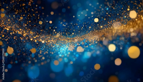 abstract background with Dark blue and gold particle. Christmas Golden light shine particles bokeh on navy blue background. Gold foil texture. Holiday concept.