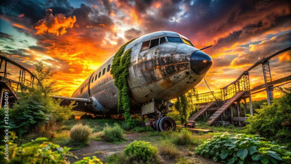 custom made wallpaper toronto digitalAirplane's metallic skin mirrors the fiery sunset, urban landscape reflected in its gleam.