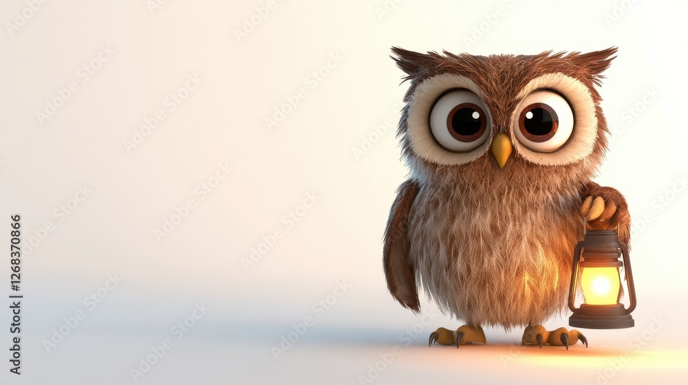 Naklejka premium Cute cartoon owl holding a lantern in warm, cozy ambiance