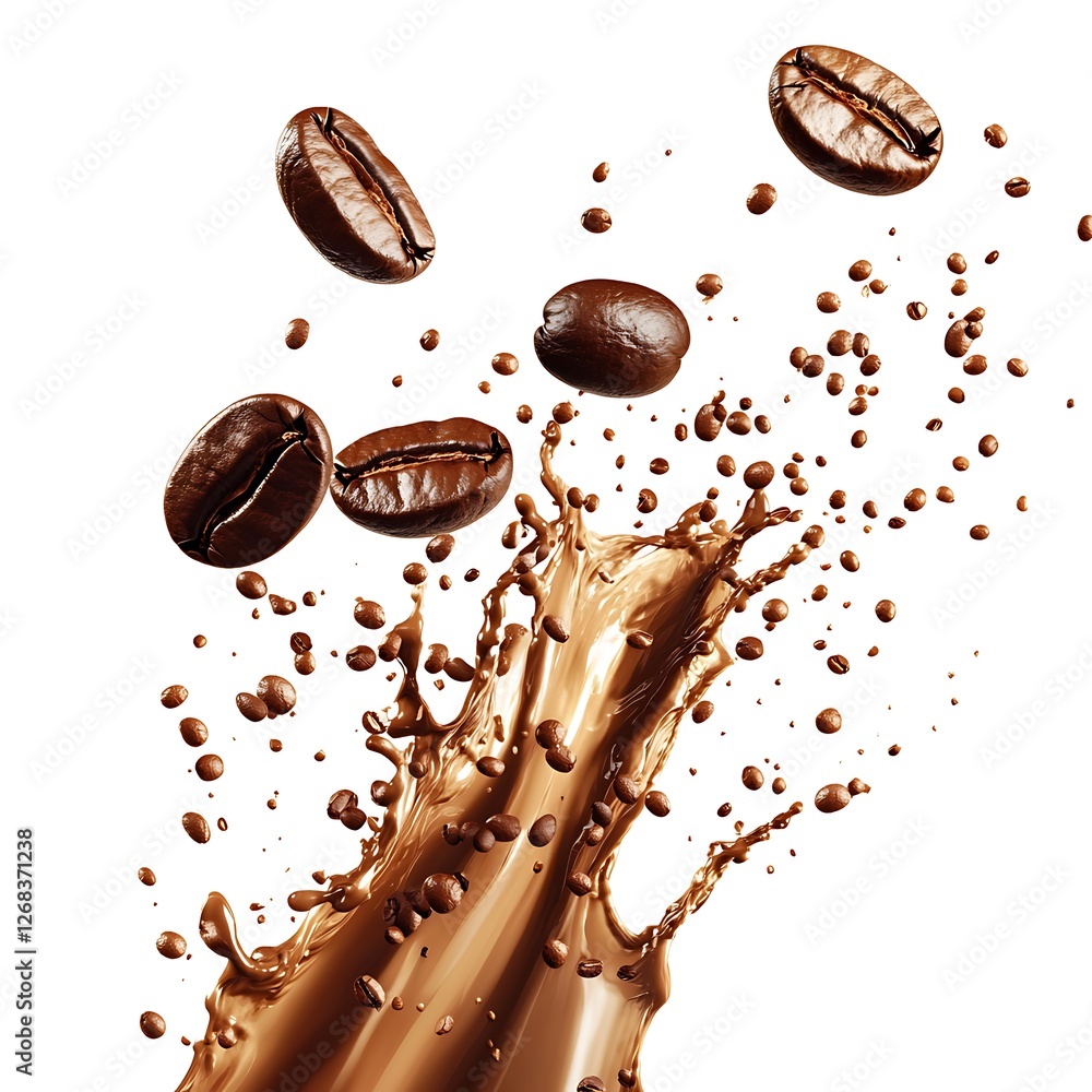 close up of chocolate splash and coffee beans on white background with copy space close up of chocolate splash and coffee beans on white background with copy space