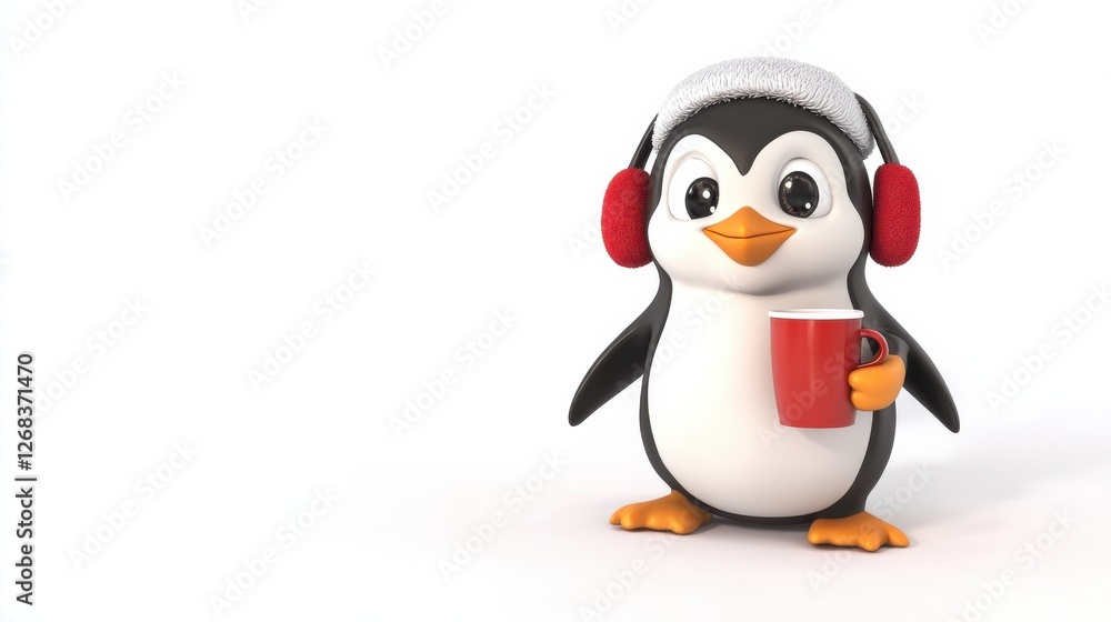 Obraz premium Cute Penguin Character Wearing Headphones and Holding a Mug