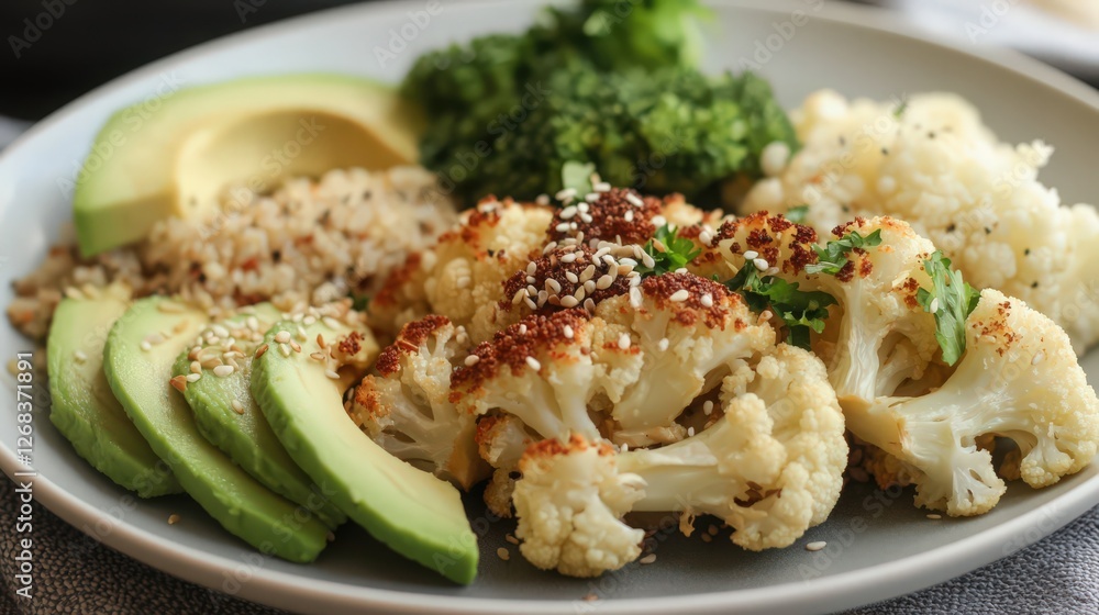 Healthy and Colorful Cauliflower Bowl with Avocado and Green Vegetables Healthy and Colorful Cauliflower Bowl with Avocado and Green Vegetables