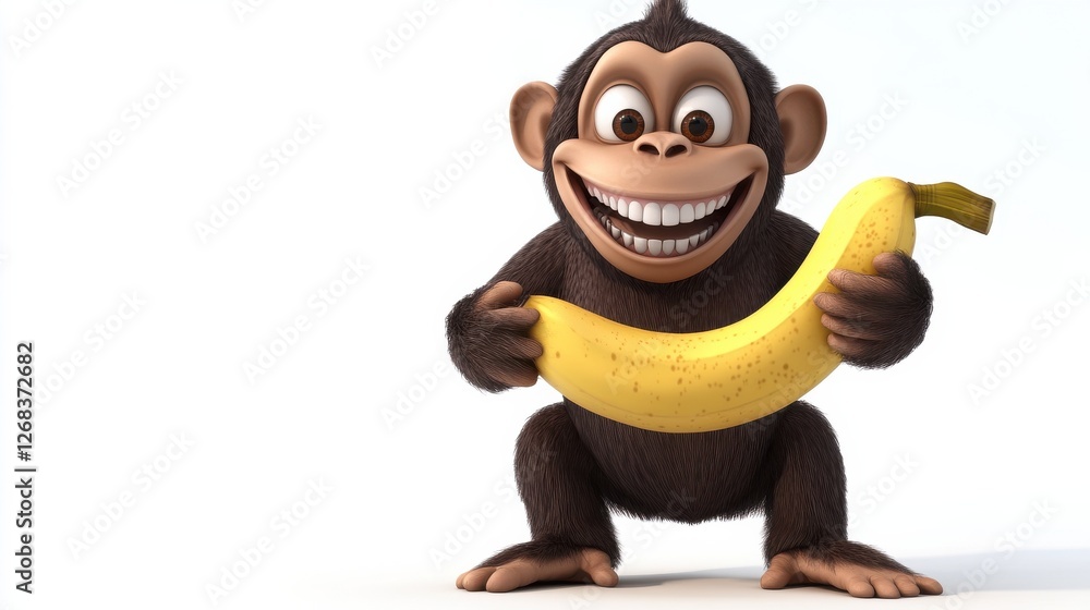 Naklejka premium Cute Cartoon Monkey Holding a Bright Yellow Banana in Playful Pose