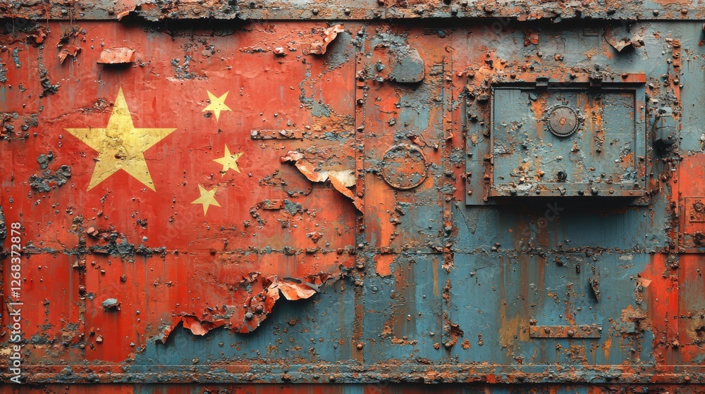 Rusty surface featuring the Chinese flag, showcasing wear and decay. Rusty surface featuring the Chinese flag, showcasing wear and decay.