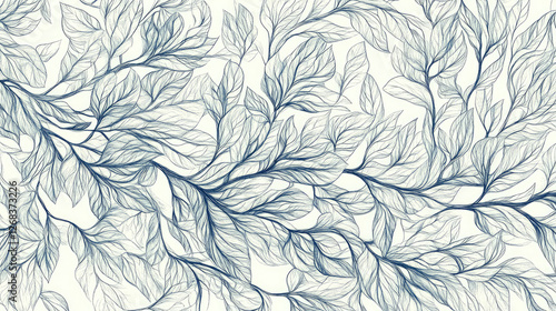 A detailed illustration of intertwining leaves in a delicate blue line art style.