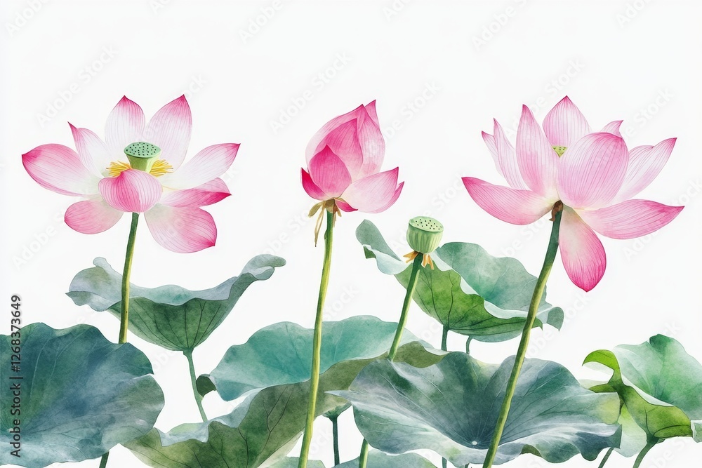 Pink lotuses, buds, leaves, pond, isolated, serene, nature, bloom, design, greeting card Pink lotuses, buds, leaves, pond, isolated, serene, nature, bloom, design, greeting card
