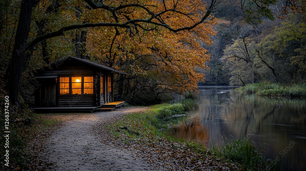 Fototapeta premium Cozy cabin by autumn river at dusk.
