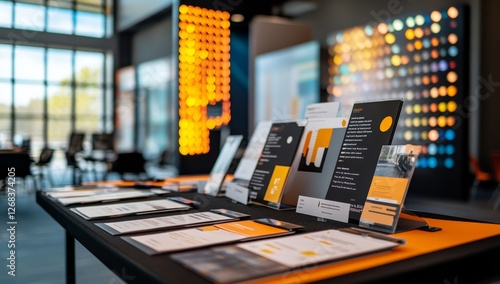 Office brochures displayed on table, modern lobby background