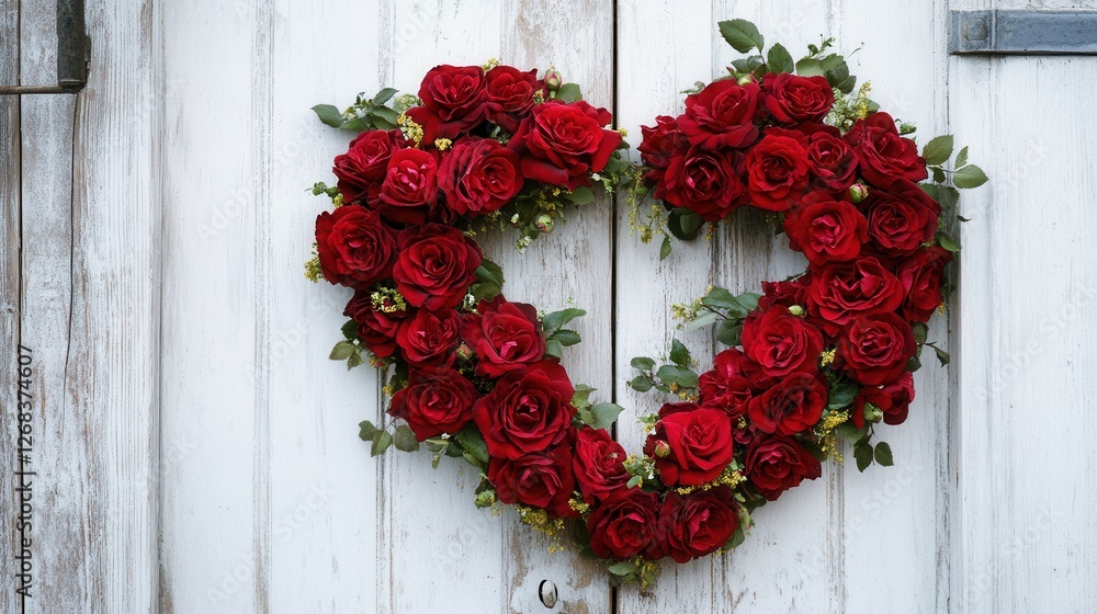 Heart-Shaped Arrangement of Red Roses on a Rustic Wooden Door Heart-Shaped Arrangement of Red Roses on a Rustic Wooden Door