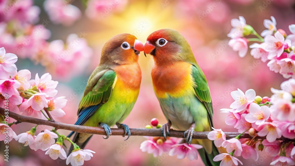 Cherry blossoms bloom around two lovebirds, capturing springtime romance in a vibrant food and nature photo. Cherry blossoms bloom around two lovebirds, capturing springtime romance in a vibrant food and nature photo.