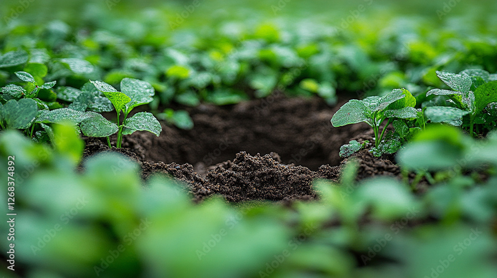 A close-up of a freshly dug hole in the ground, surrounded by green grass, with soil in focus. Symbolizing disruption, change, and the rawness of nature's transformation.
A close-up of a freshly dug hole in the ground, surrounded by green grass, with soil in focus. Symbolizing disruption, change, and the rawness of nature's transformation.