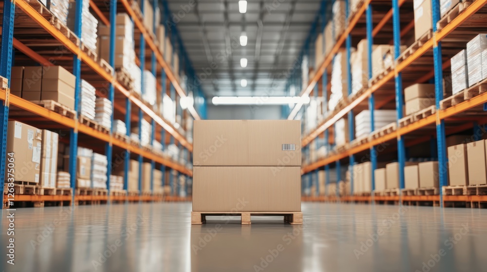 Wooden Pallet with Cardboard Boxes in a Spacious Warehouse Filled with Shelves and Storage Units Wooden Pallet with Cardboard Boxes in a Spacious Warehouse Filled with Shelves and Storage Units