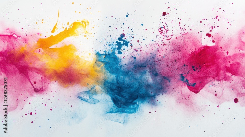 Fototapeta premium Vibrant Splash of Pink, Blue and Yellow Watercolor Ink Creating an Abstract Textured Background for Creative Projects and Designs