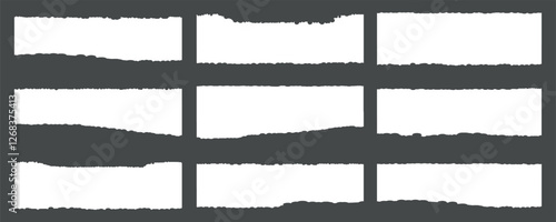 Set of white torn or ripped paper. A long horizontal set of torn pieces of paper vector illustration eps 10. Realistic ripped white paper sheets isolated on transparent background.