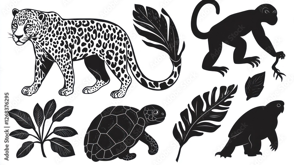 Fototapeta premium Rainforest animals silhouettes; jaguar, monkey, turtle, leaves; nature design