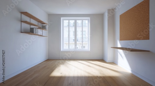 Wallpaper Mural Sunny Parisian apartment, empty room, wooden floors, minimalist shelves, corkboard Torontodigital.ca