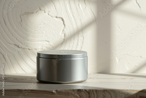 Minimalist metallic jar placed on a wooden surface with textured plaster wall, illuminated by soft natural light