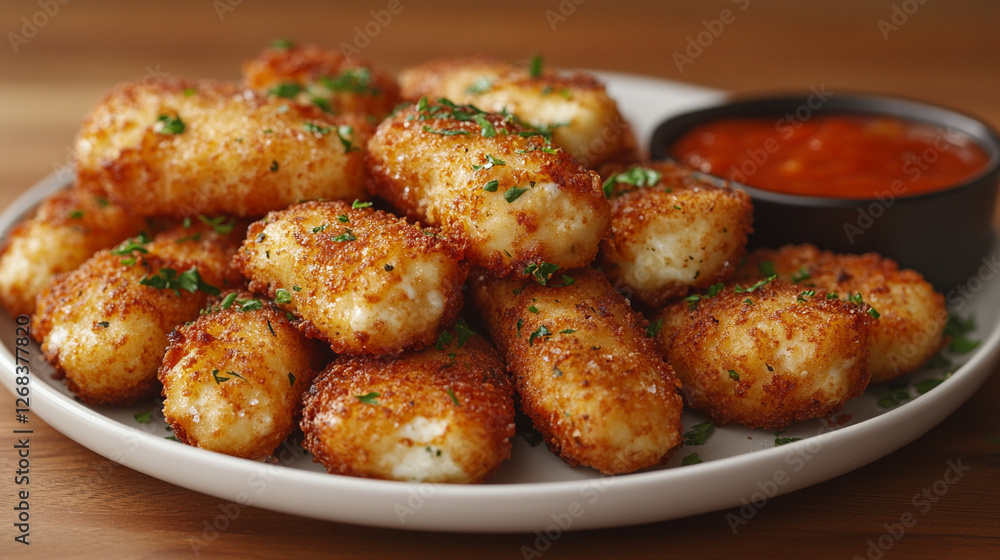 Crispy homemade fried mozzarella sticks served with a delicious dipping sauce on a plate, with a bright modern tone and blurred empty space for text or captions Crispy homemade fried mozzarella sticks served with a delicious dipping sauce on a plate, with a bright modern tone and blurred empty space for text or captions