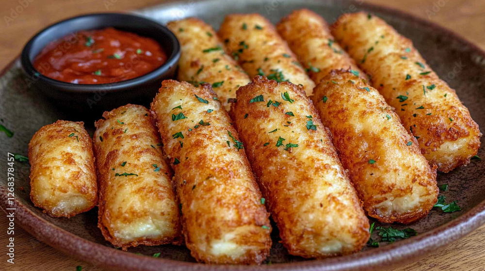 Crispy homemade fried mozzarella sticks served with a delicious dipping sauce on a plate, with a bright modern tone and blurred empty space for text or captions Crispy homemade fried mozzarella sticks served with a delicious dipping sauce on a plate, with a bright modern tone and blurred empty space for text or captions