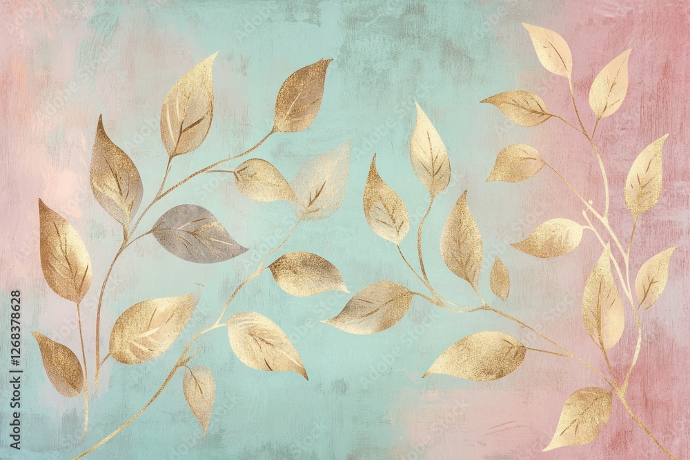 Vector illustration of a premium wallpaper design with gold leaf accents and delicate line art leaves on a pastel background. Vector illustration of a premium wallpaper design with gold leaf accents and delicate line art leaves on a pastel background.