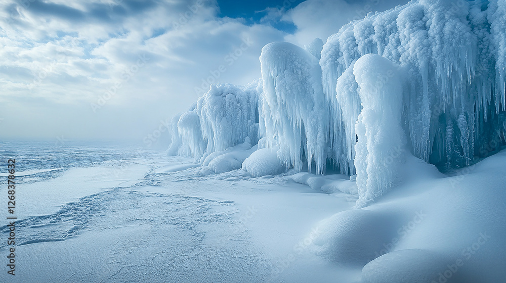 A frozen landscape with towering ice formations and A frozen landscape with towering ice formations and