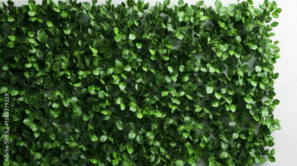 Obraz premium A realistic photo of a large green plant wall made from square-cut ivy leaves, on the right side of an empty white background with brown vertical lines.