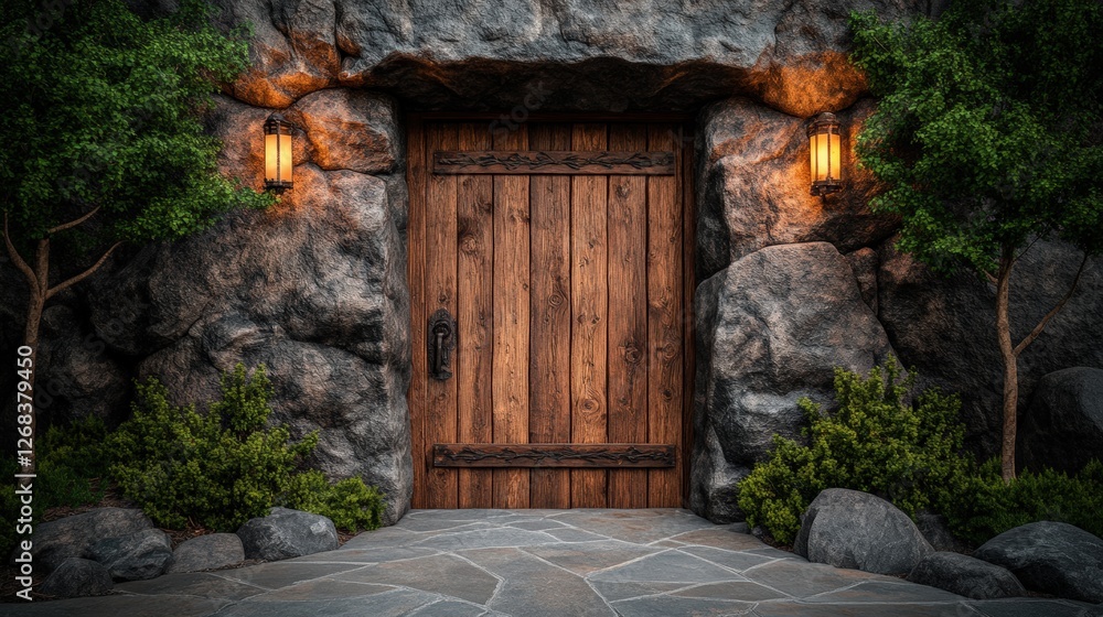 Open wooden door in ancient stone cave with rugged walls and dim lighting creating a mysterious atmosphere Open wooden door in ancient stone cave with rugged walls and dim lighting creating a mysterious atmosphere