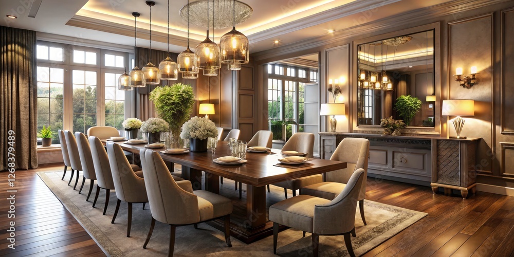 Elegant dining space: large table, stunning lighting, stylish interior design for a luxurious home. Elegant dining space: large table, stunning lighting, stylish interior design for a luxurious home.