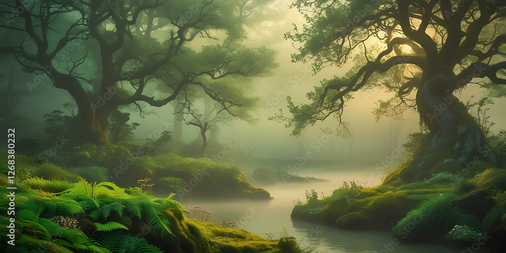 Fototapeta premium A breathtakingly beautiful nature background featuring a majestic, serene, and intriguing scene that exudes tranquility, with lush greenery, towering trees, created by generative ai