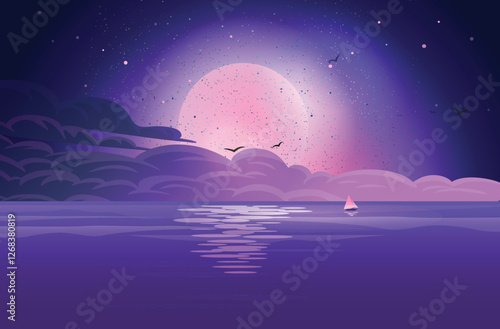 Magical purple Neon Moonlit Ocean with a boat and birds – Fantasy Sci-Fi Landscape Digital Art