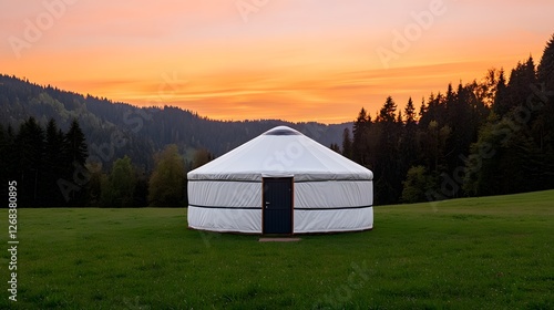 Captivating Solar-Powered Yurt Surrounded by Lush Nature at Sunset with Stunning Colors in Sky.  Innovative and Creative Ways to Build a House Concept photo