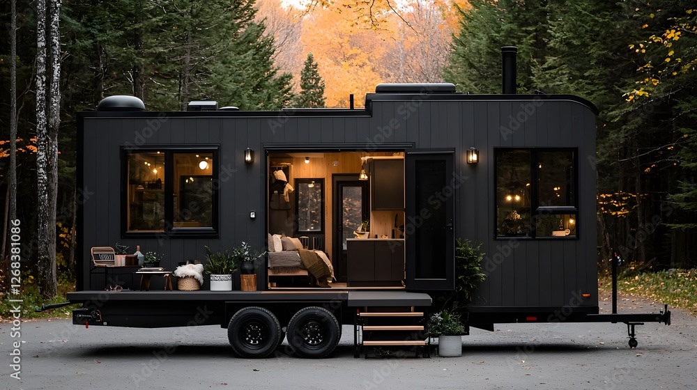 Obraz premium Stylish Tiny Home on Wheels Featuring Collapsible Decks Amidst Lush Autumnal Forest Landscape. Innovative and Creative Ways to Build a House Concept