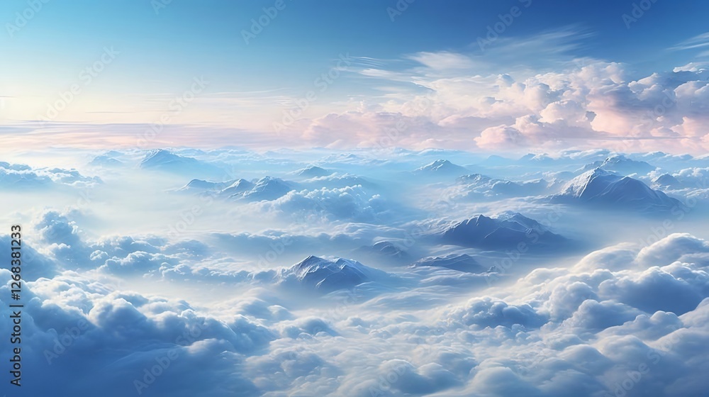 Aerial view Snowy mountain peaks above cloudscape Aerial view Snowy mountain peaks above cloudscape
