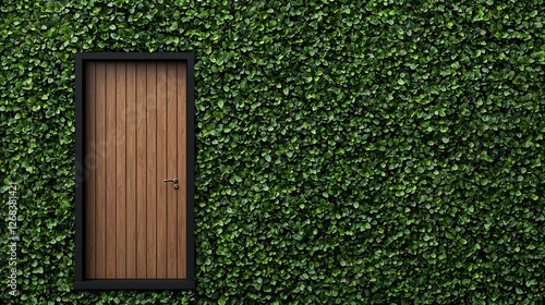 A Stunning Door Framed by Lush Green Leaves Creating a Serene Garden Atmosphere.  Innovative and Creative Ways to Build a House Concept photo