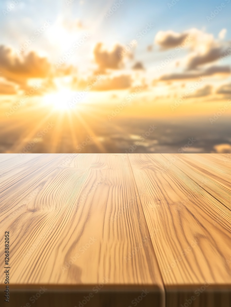 Naklejka premium A polished wooden table with a blurred background, ideal for showcasing furniture or interior design.