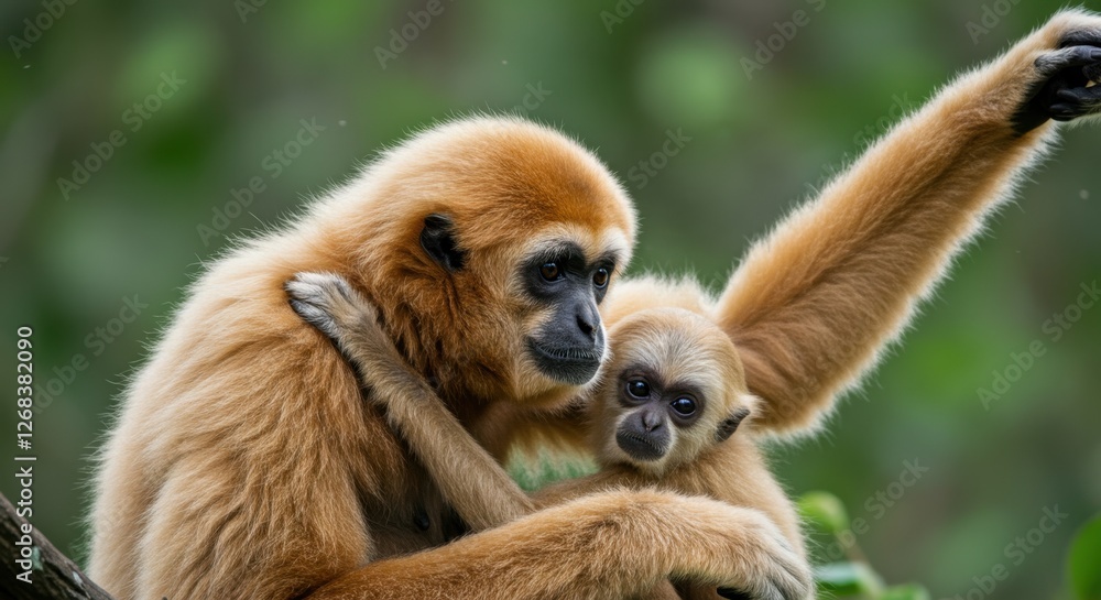 Naklejka premium A mother gibbon embraces her baby in a lush green forest setting
