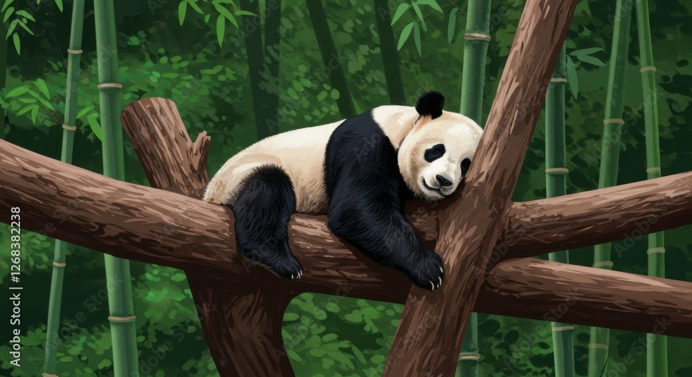 Fototapeta premium A peaceful panda resting on a tree branch in a lush bamboo forest