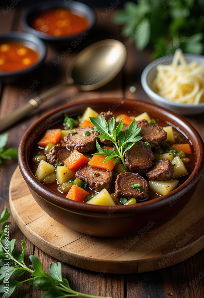 Rustic Beef and Vegetable Soup in Ceramic Bowl Rustic Beef and Vegetable Soup in Ceramic Bowl