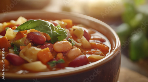 Close-up of a plate of hot minestrone soup with juicy vegetables, red beans and pasta in thick tomato broth, garnished with fresh basil