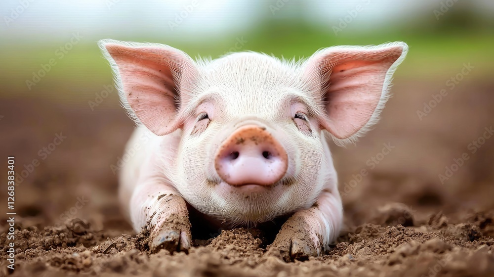 Happy piglet playing in muddy farm field Happy piglet playing in muddy farm field