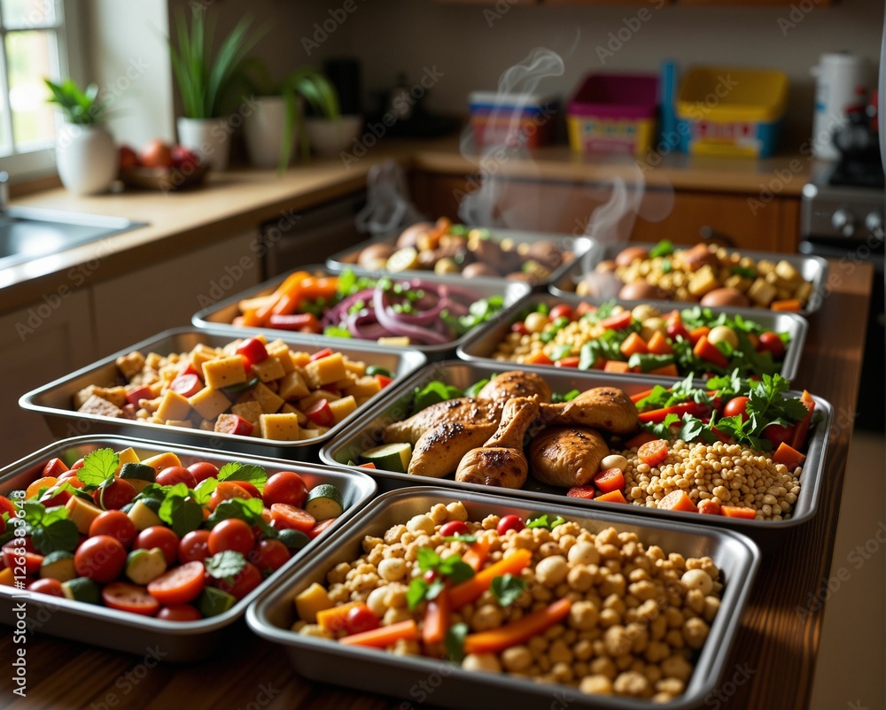 Obraz premium A vibrant display of freshly prepared meals in trays, showcasing a variety of colorful vegetables, proteins, and grains, emanating steam and warmth.