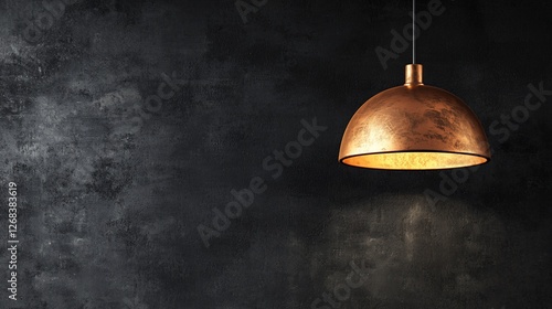 Copper pendant lamp hanging against dark wall.