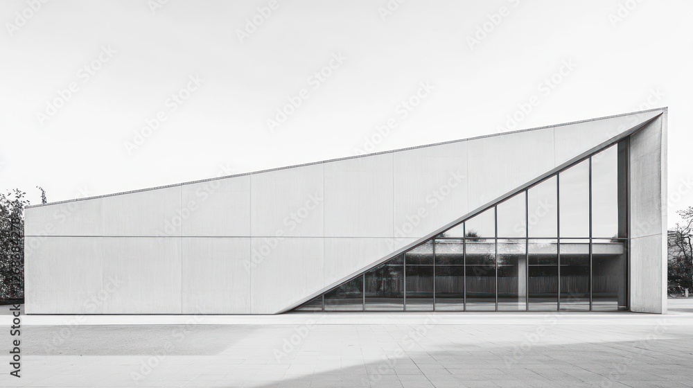 Fototapeta premium Black and white photograph of the exterior wall facade of an office building with large windows, with one side leaning in slightly more than the other sides, gray color palette
