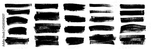 Vector freehand brush strokes. Thick textured lines isolated on white background. Set of horizontal highlight underline. Black brush strokes rough and textured
