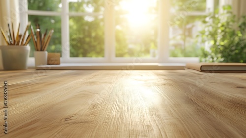 Wallpaper Mural Wooden study desk with polished finish, set against a softly blurred background, ideal for workspace decor. Torontodigital.ca